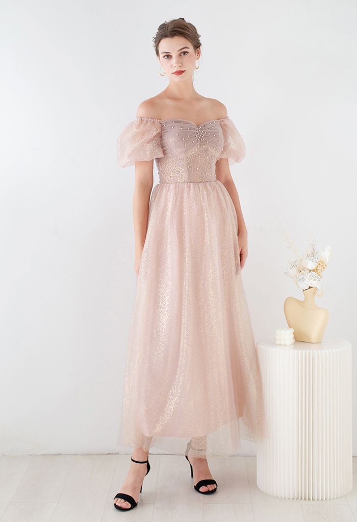 Off-Shoulder Puff Sleeve Beaded Mesh Gown