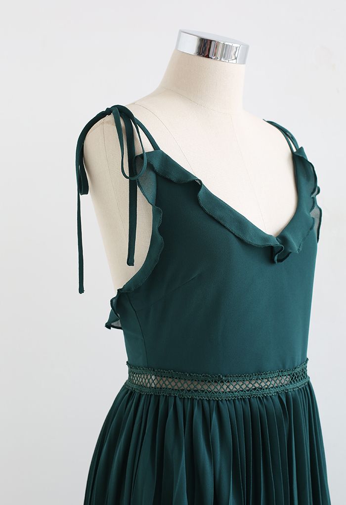 Grace Chiffon Tie Shoulder Pleated Midi Dress in Dark Green