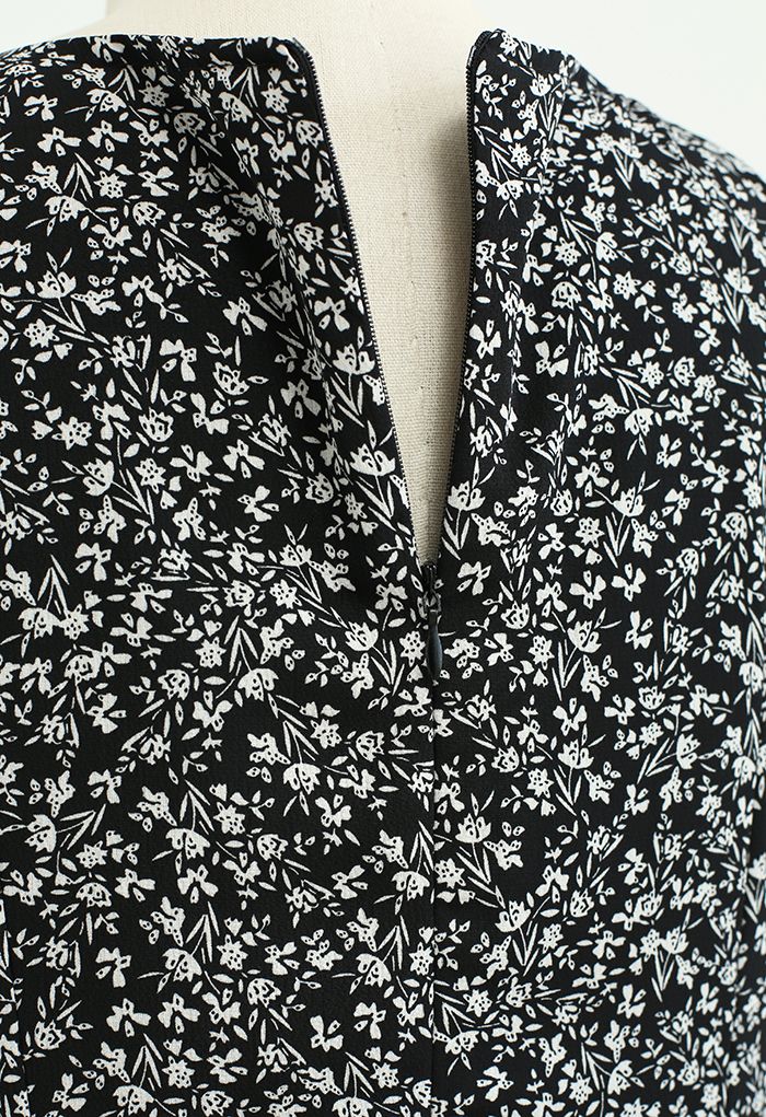 V-Neck Floral Ruched Chiffon Dress in Black