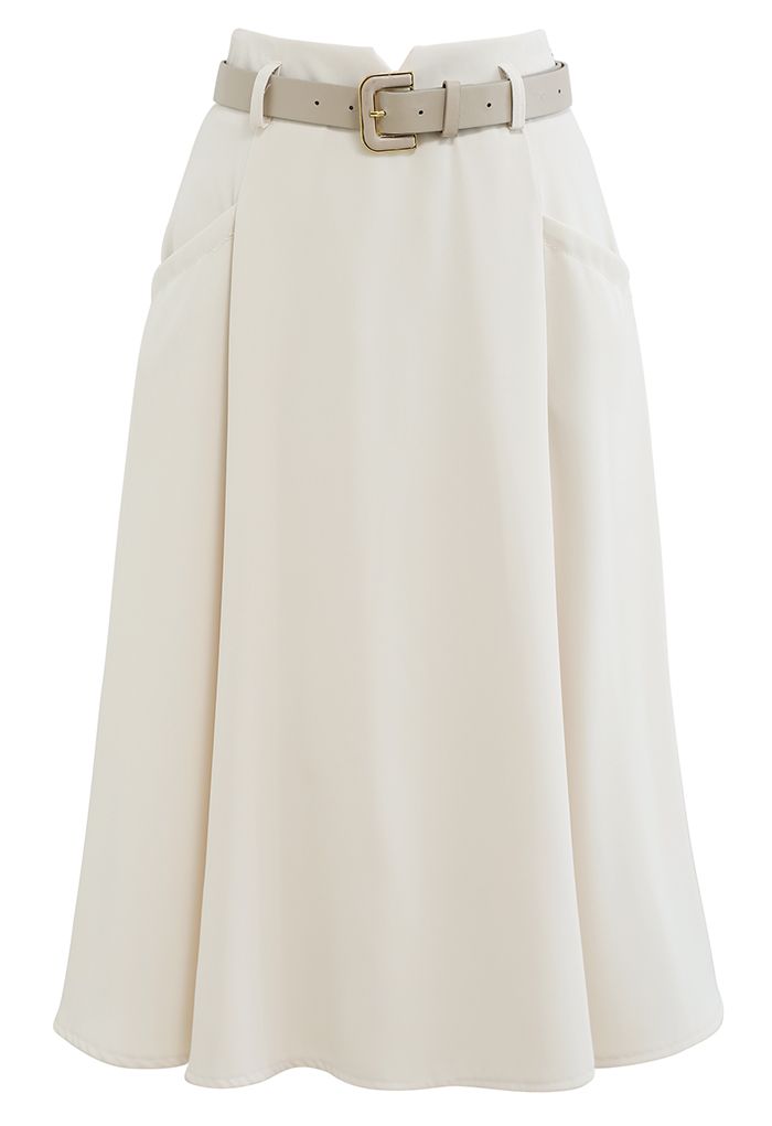 Front Pockets Belted Midi Skirt in Ivory