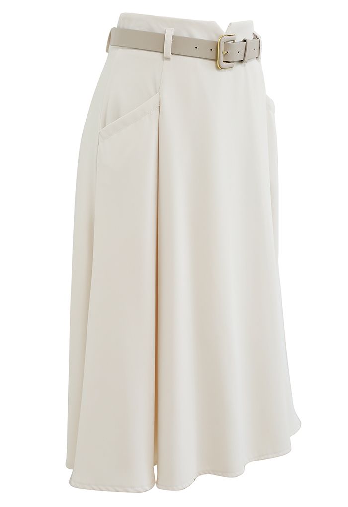 Front Pockets Belted Midi Skirt in Ivory