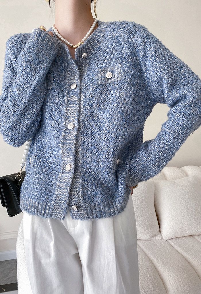 Sequins Trim Mohair Knit Cardigan in Blue