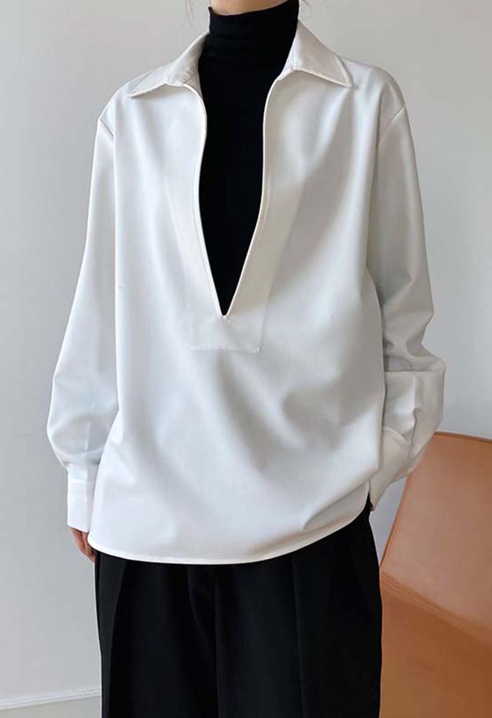 Deep V-Neck Collared Shirt in White