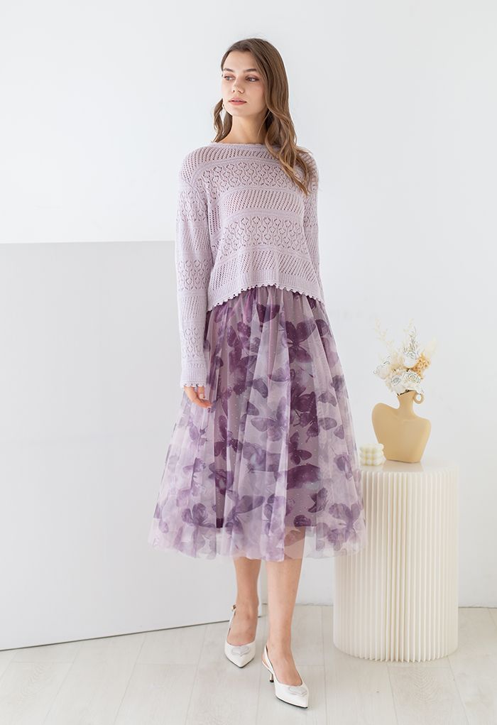 Butterfly Shadow Sequins Velvet Tulle Skirt in Purple