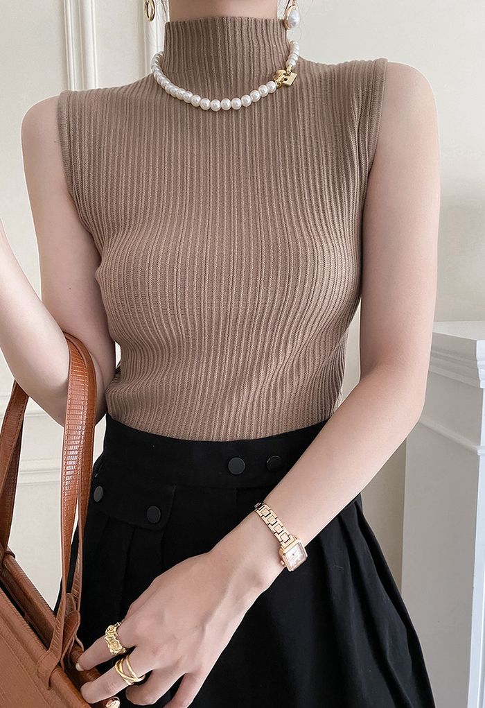 Mock Neck Sleeveless Textured Knit Top in Brown