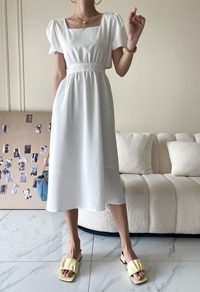 Square Neck Cutout Waist Bowknot Dress in White