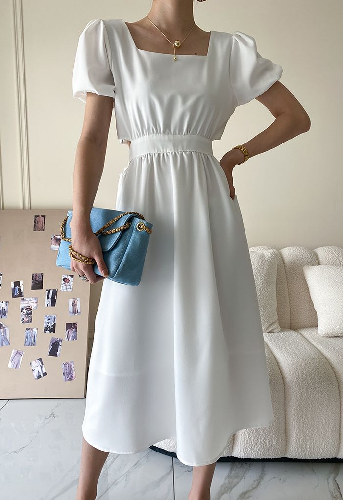 Square Neck Cutout Waist Bowknot Dress in White