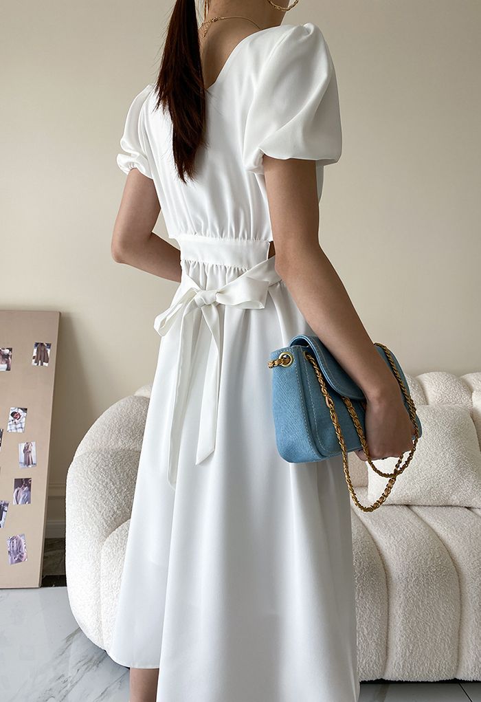 Square Neck Cutout Waist Bowknot Dress in White