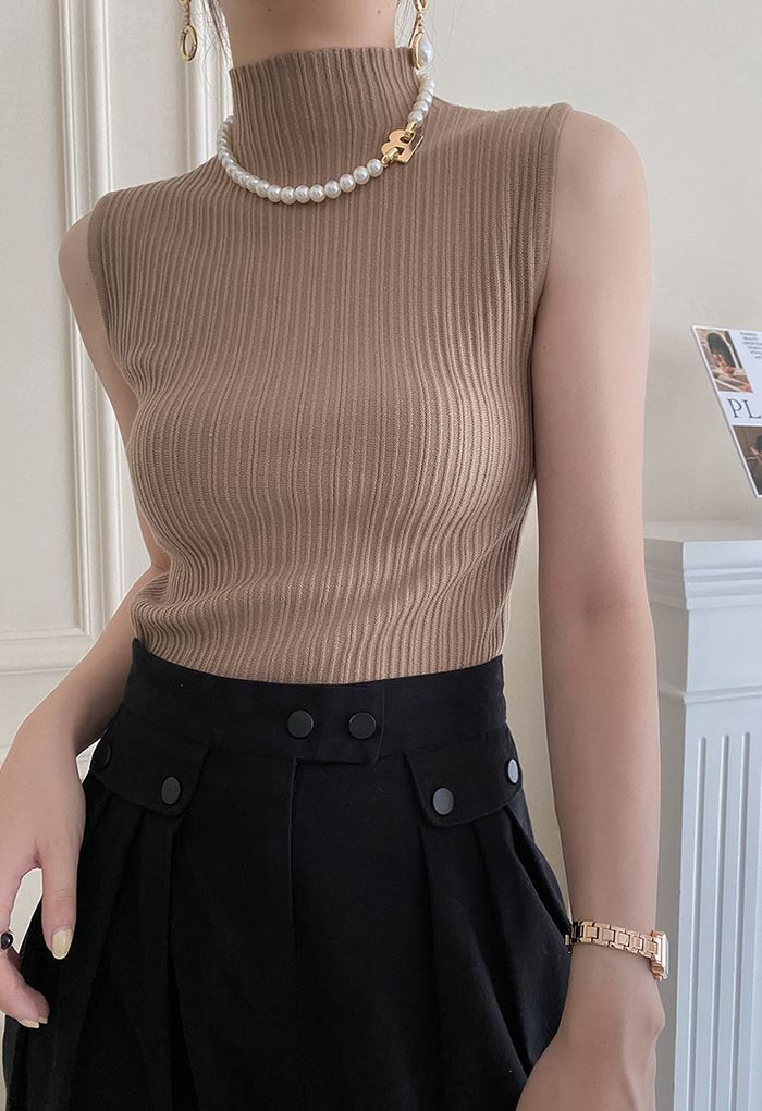 Mock Neck Sleeveless Textured Knit Top in Brown