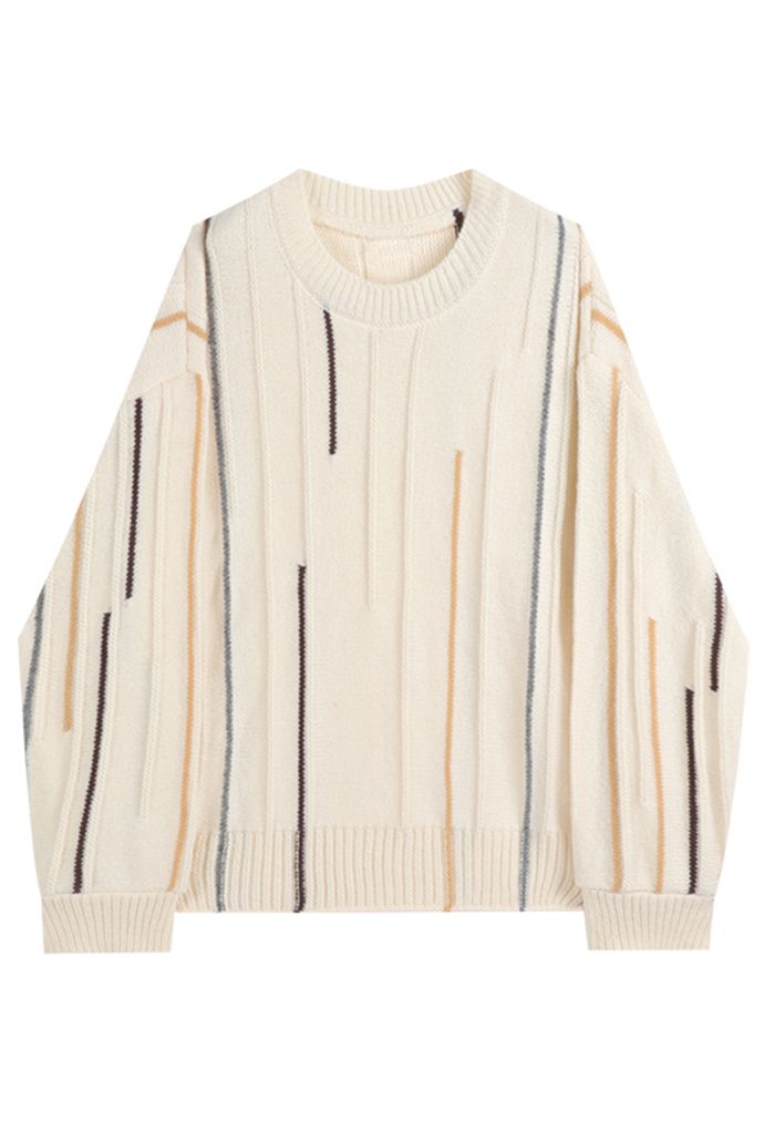 Mix Color Stripe Puff Sleeve Knit Sweater