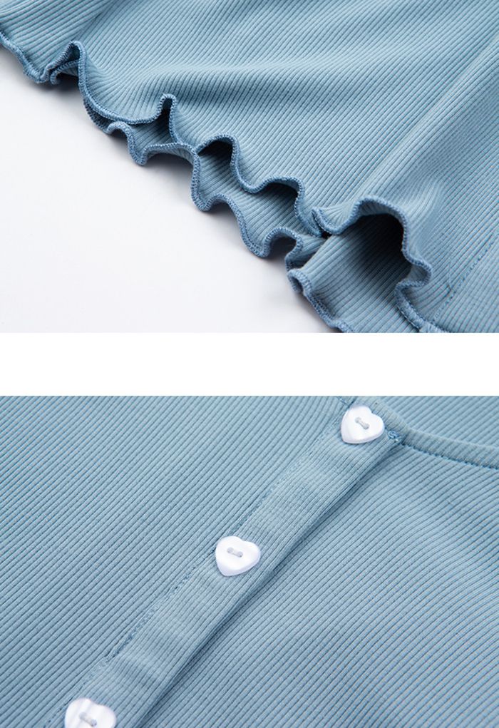 Heart-Shape Button Trim Fitted Top in Blue