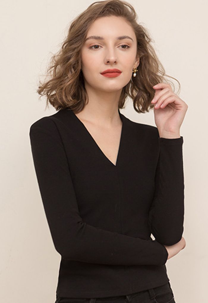 Elegant V-Neck Soft Fitted Top in Black