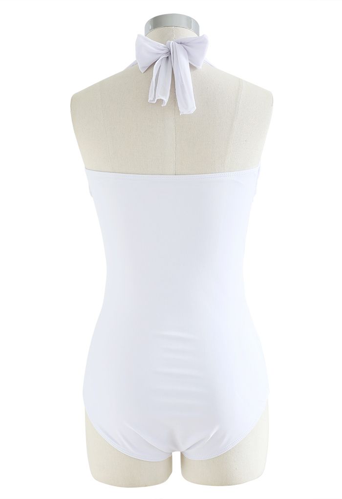 Translucent Waist Mesh Spliced Swimsuit in White