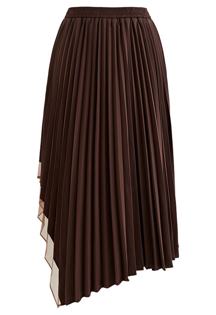 Asymmetric Organza Panelled Pleated Midi Skirt in Brown