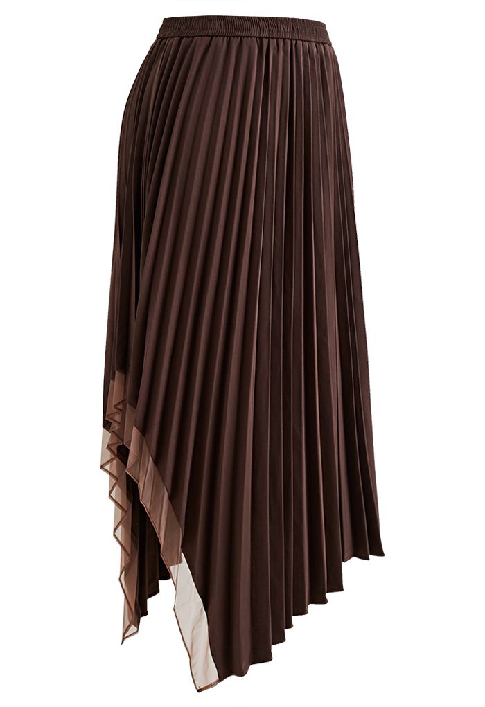 Asymmetric Organza Panelled Pleated Midi Skirt in Brown
