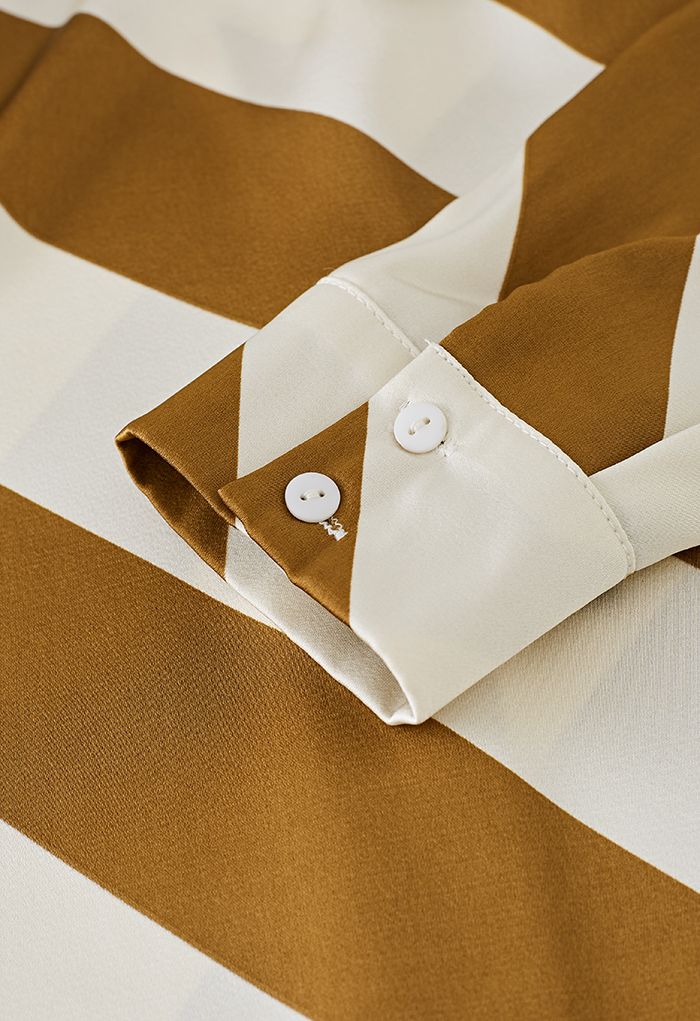 Diagonal Stripe V-Neck Satin Shirt in Caramel