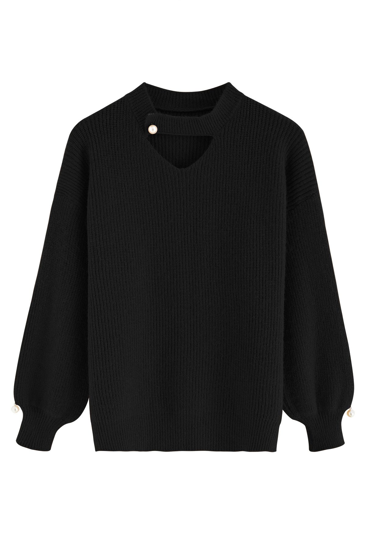 Pearl Decor Choker Neck Ribbed Knit Sweater in Black