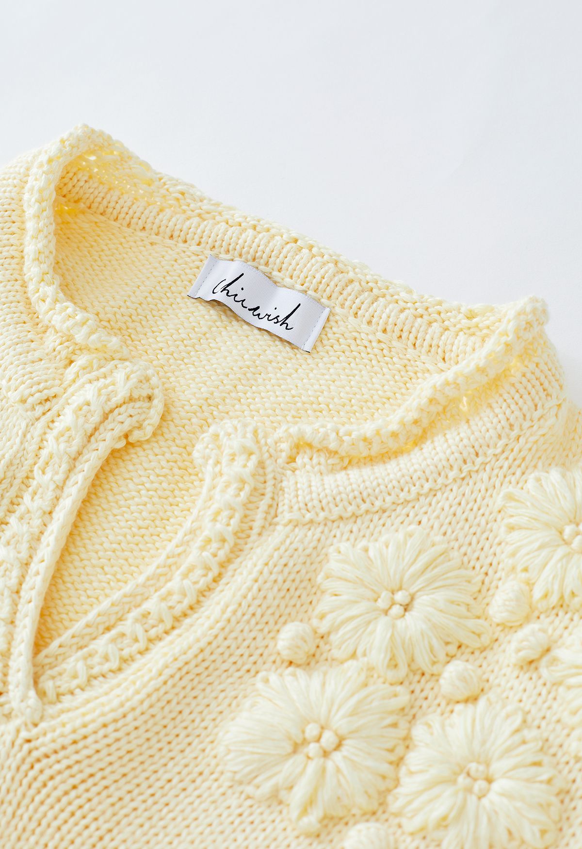 Blooming Passion Floral Stitch V-Neck Knit Sweater in Yellow