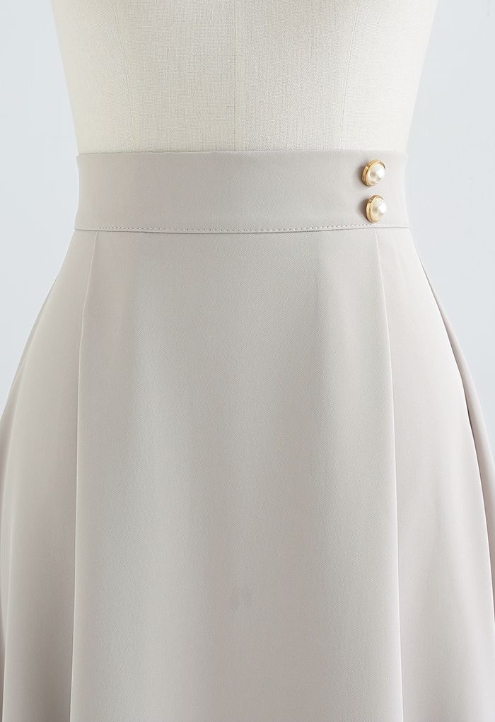 Classy Pearl Trim Flare Midi Skirt in Ivory