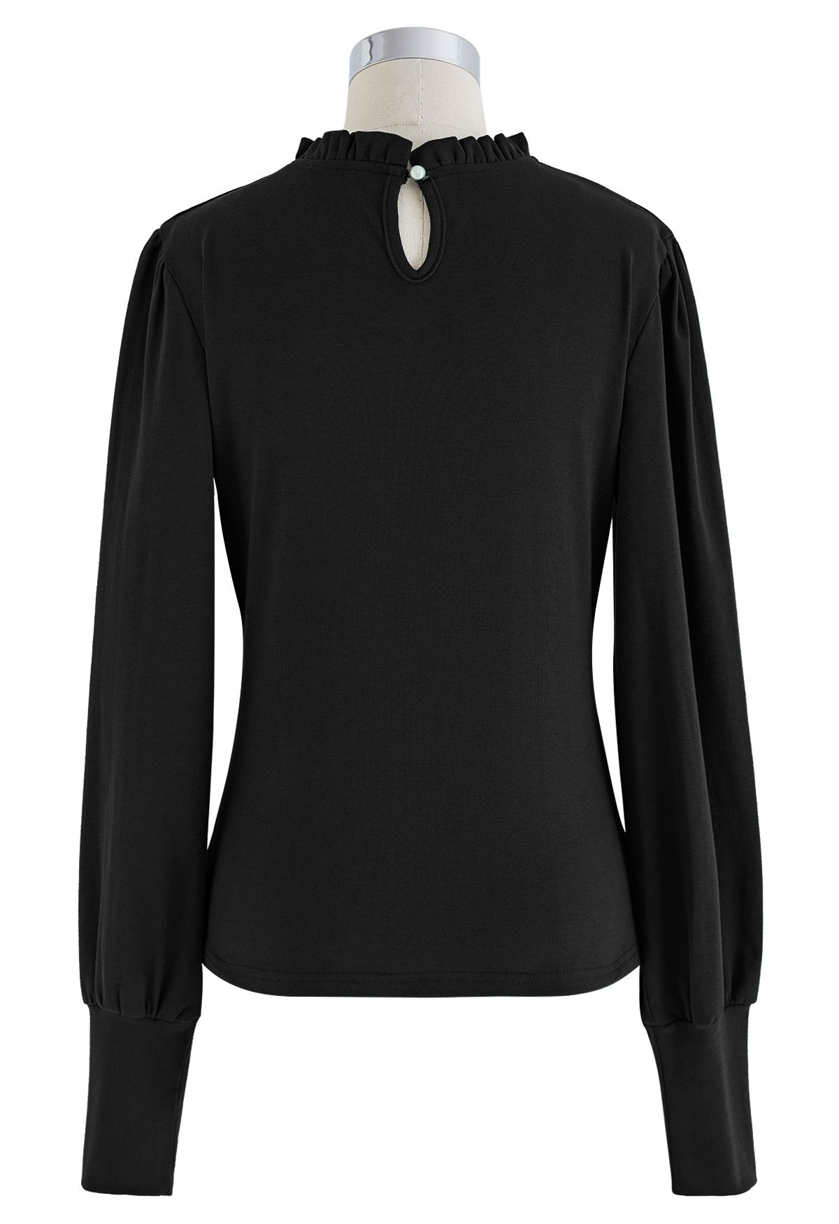 Ruched Front Ruffle Neck Fitted Top in Black