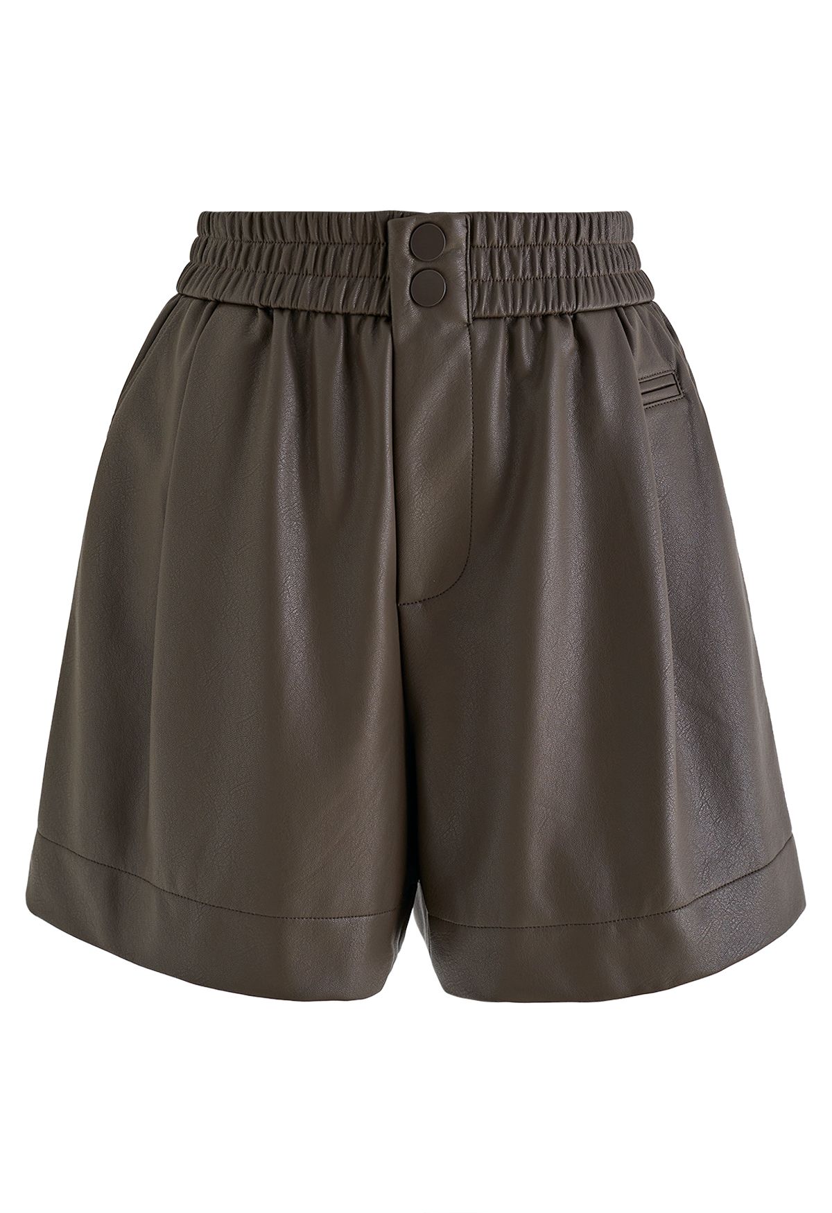 Textured Buttoned Faux Leather Shorts in Brown