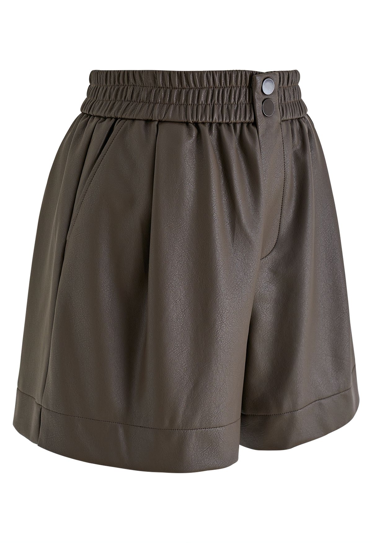 Textured Buttoned Faux Leather Shorts in Brown