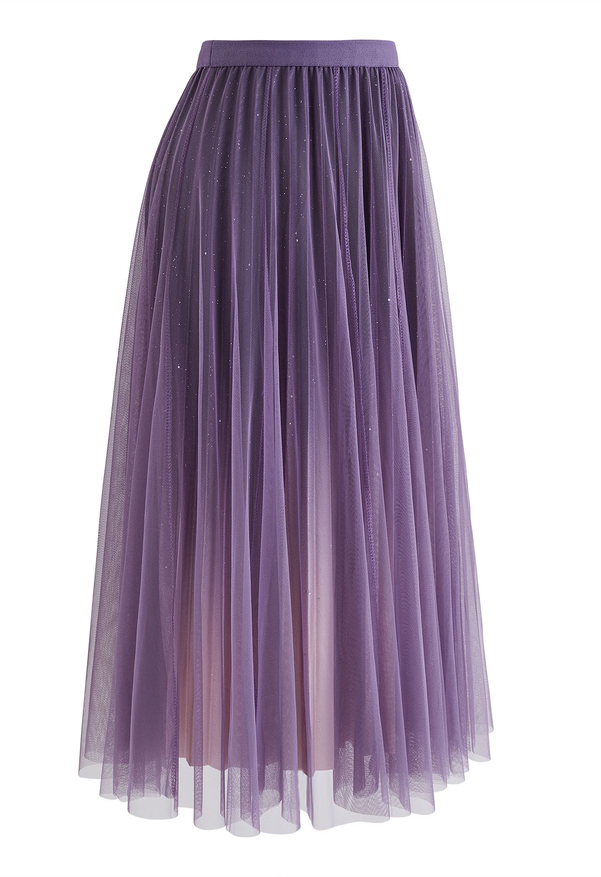 Glittery Lining Gradient Mesh Pleated Midi Skirt