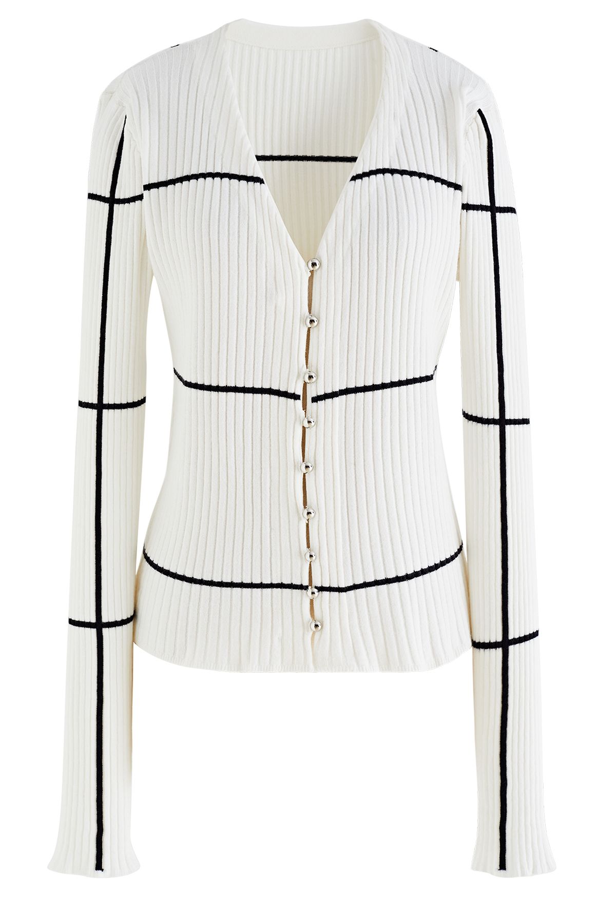 Grid V-Neck Buttoned Sweater in White