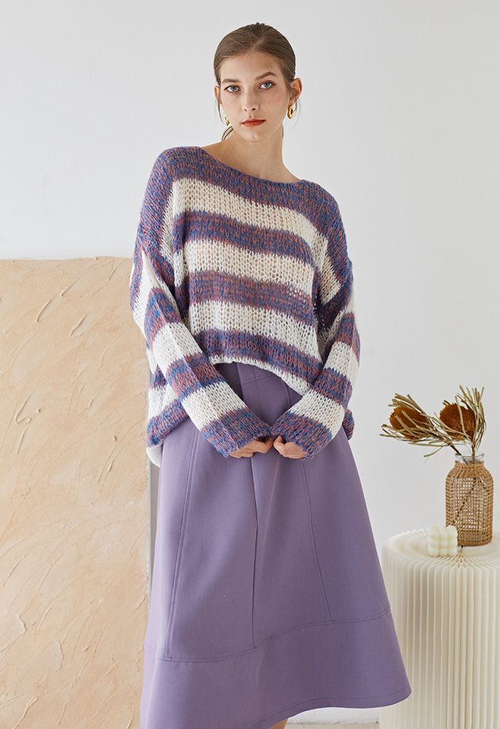Fuzzy Knit Striped Oversized Sweater in Purple