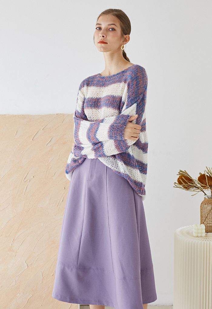 Fuzzy Knit Striped Oversized Sweater in Purple
