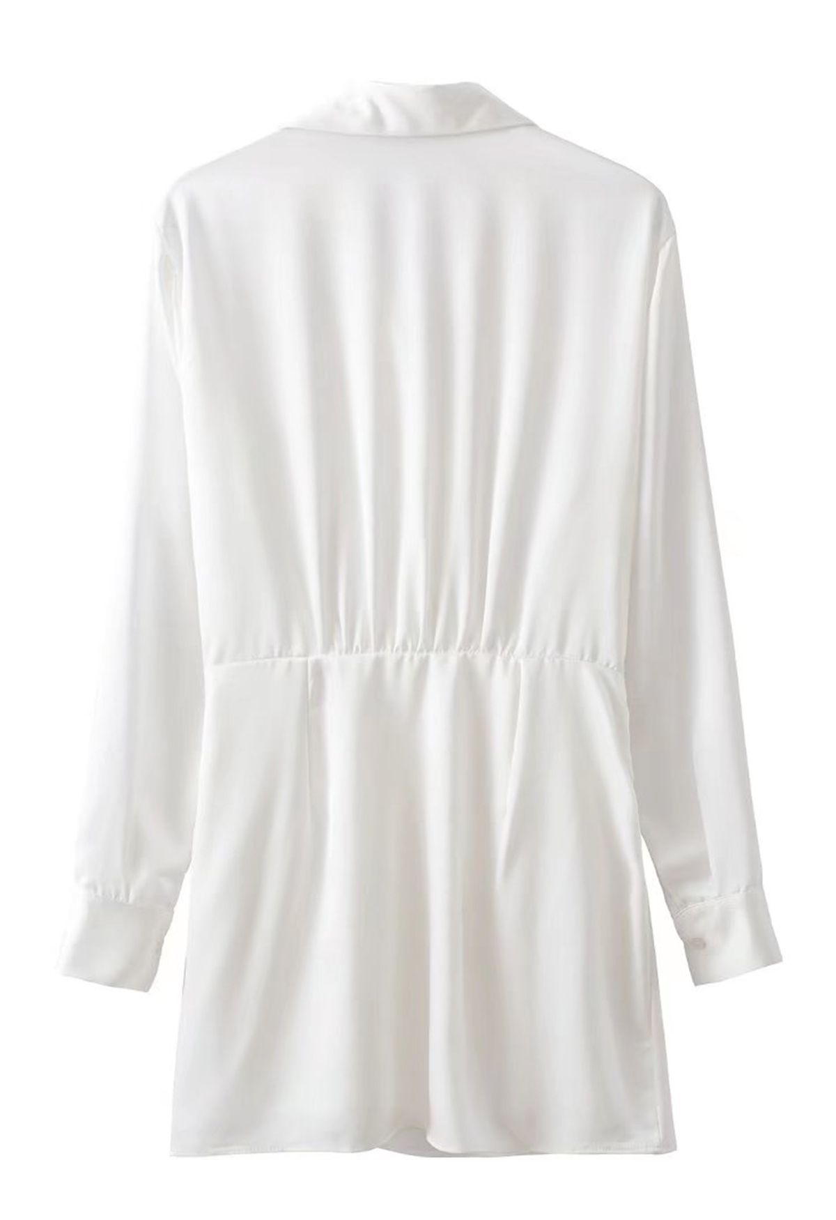 V-Neck Ruched Front Satin Shirt Dress in White