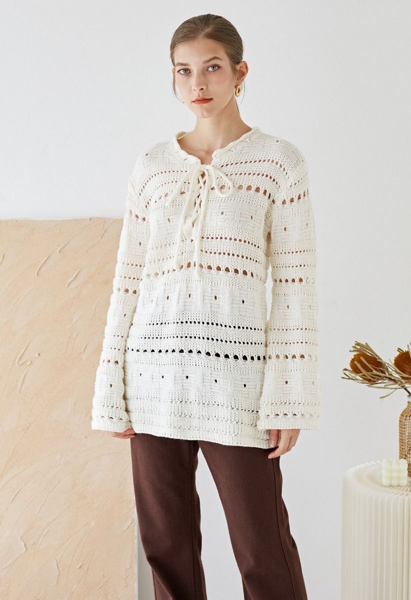 Lace-Up Front Hollow Out Longline Sweater