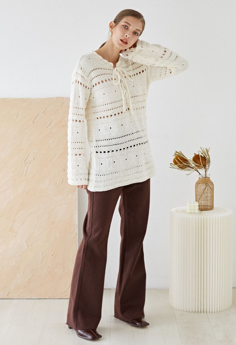 Lace-Up Front Hollow Out Longline Sweater
