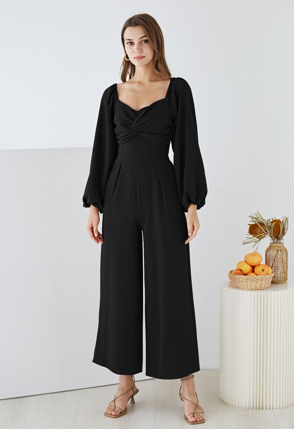 Twisted Front High Waist Jumpsuit in Black