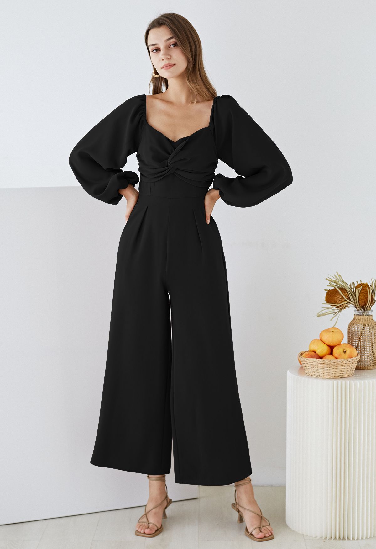 Twisted Front High Waist Jumpsuit in Black