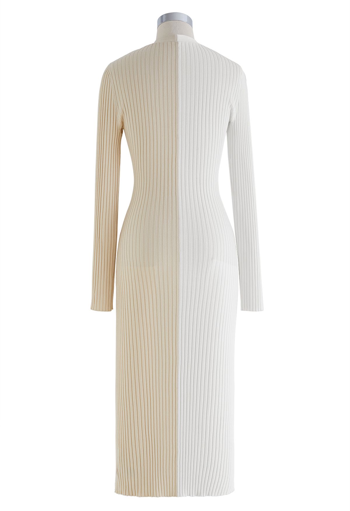 Button Down Two-Tone Spliced Bodycon Knit Dress in Cream