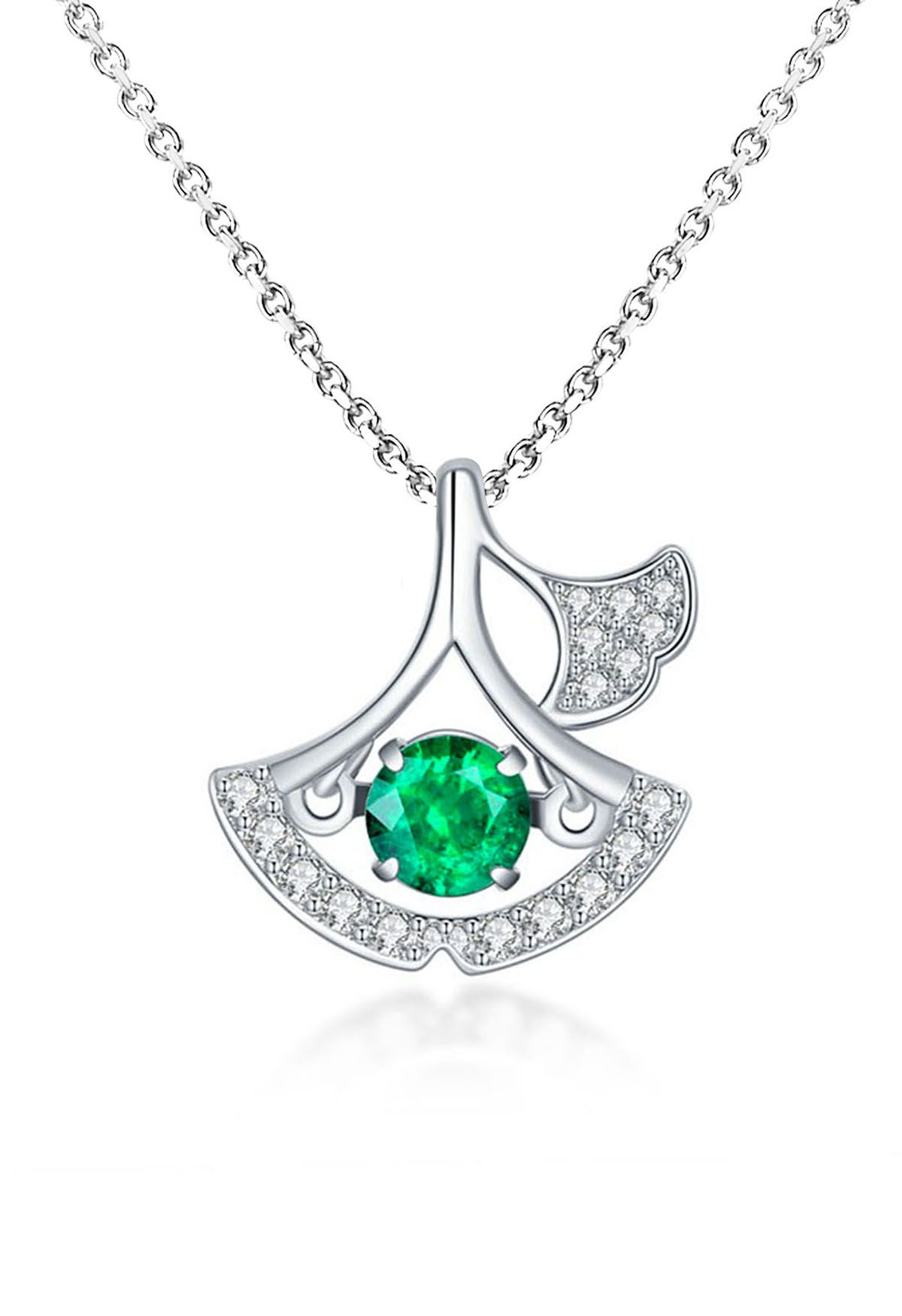 Hollow Out Fan Shape Emerald Gem Necklace 