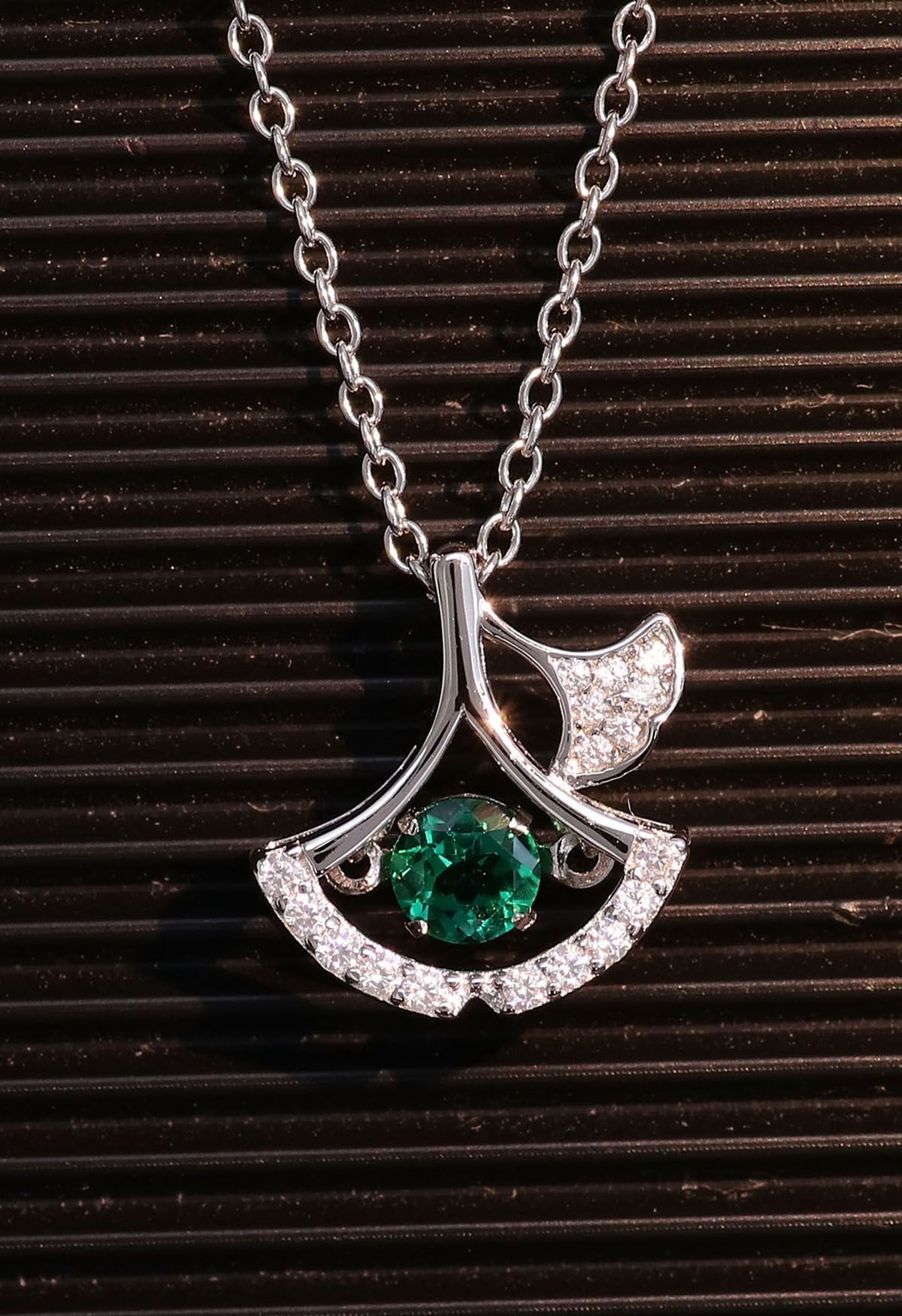 Hollow Out Fan Shape Emerald Gem Necklace 