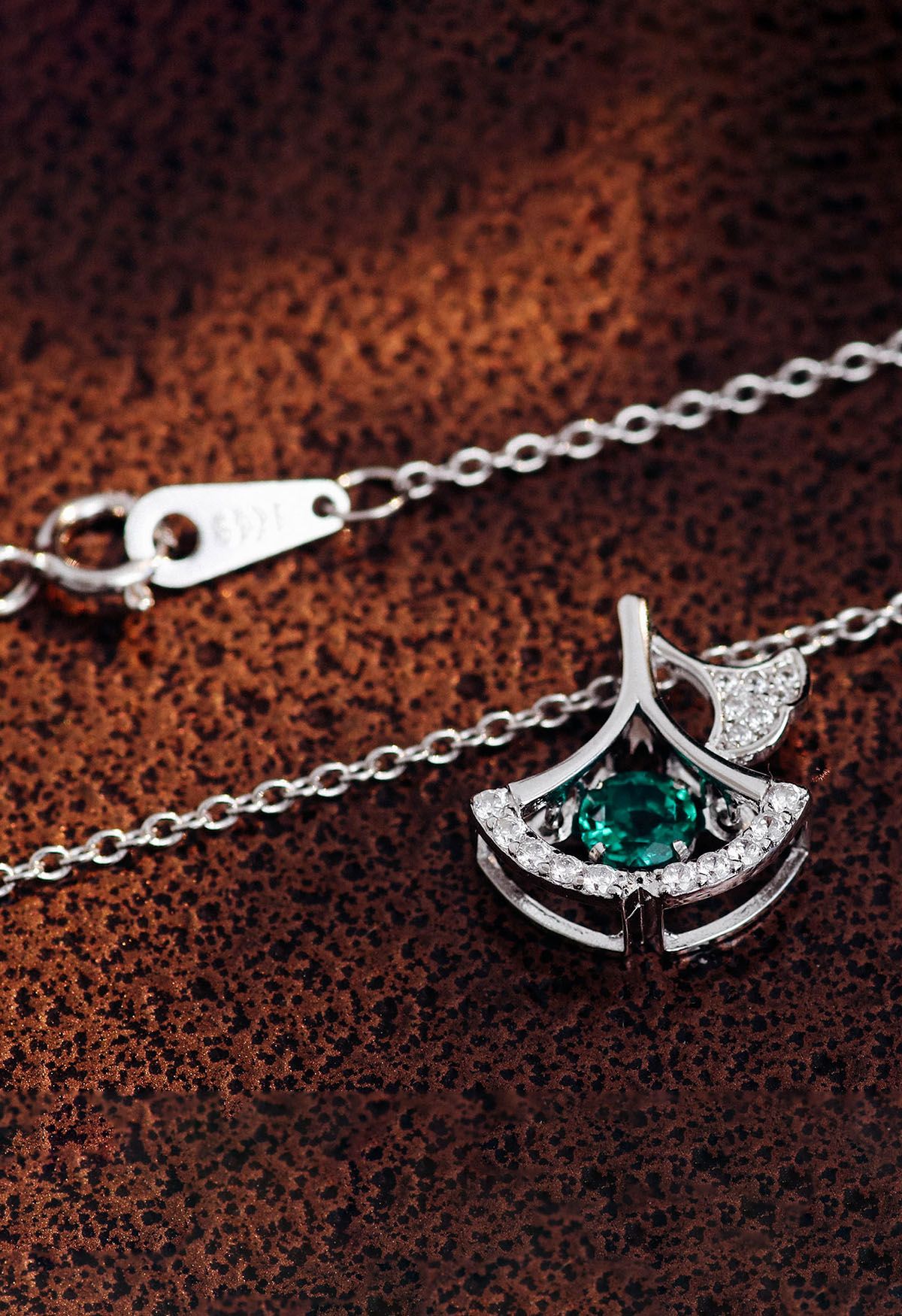 Hollow Out Fan Shape Emerald Gem Necklace 