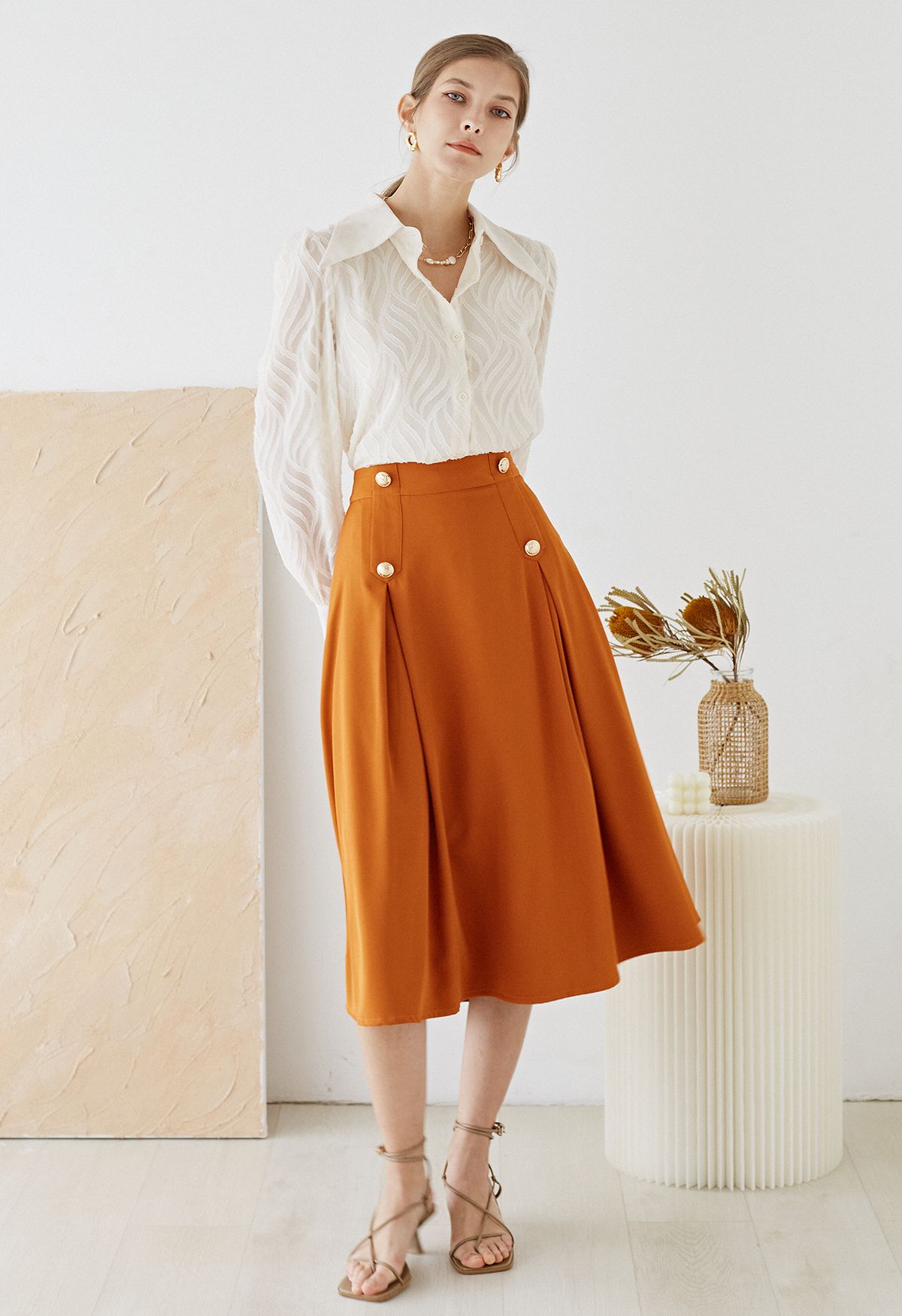 Buttoned Pleated A-Line Skirt in Pumpkin