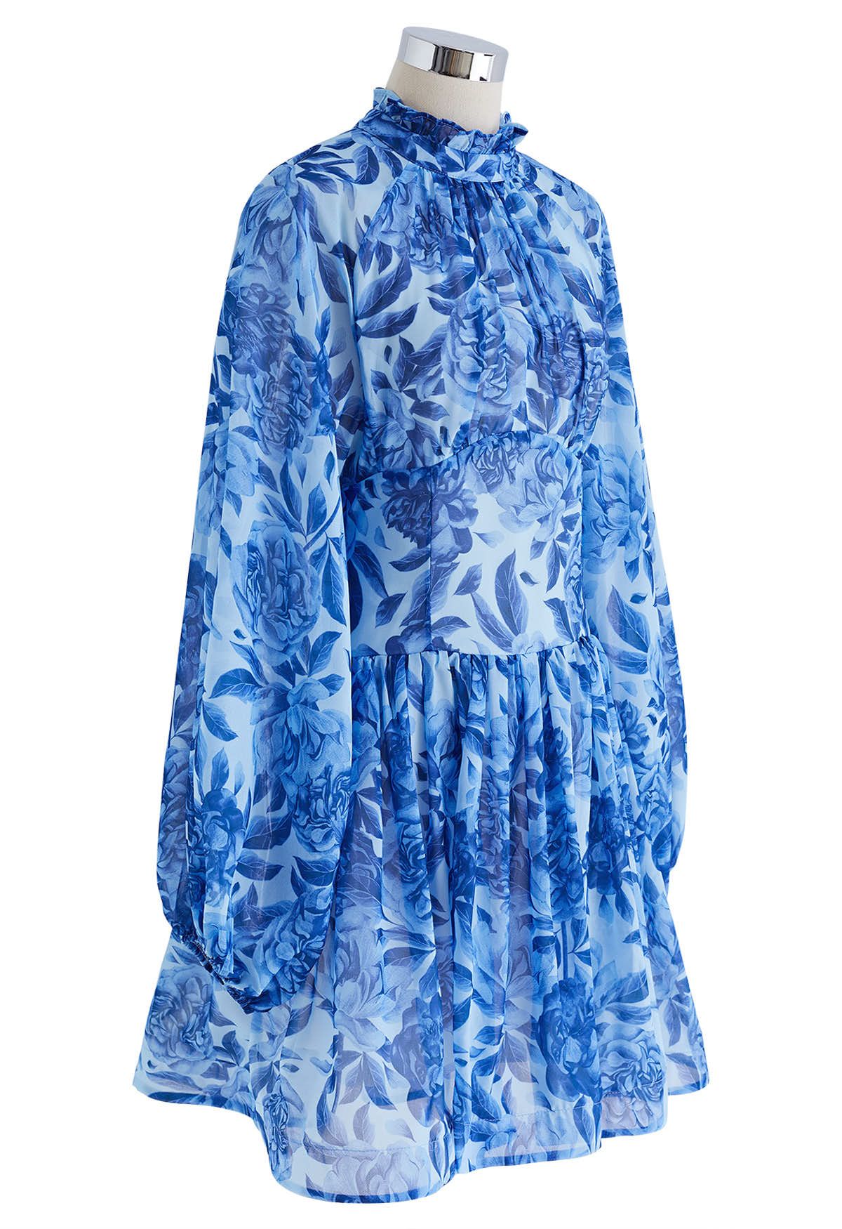 Cutout Back Floral Bubble Sleeve Frilling Dress in Blue