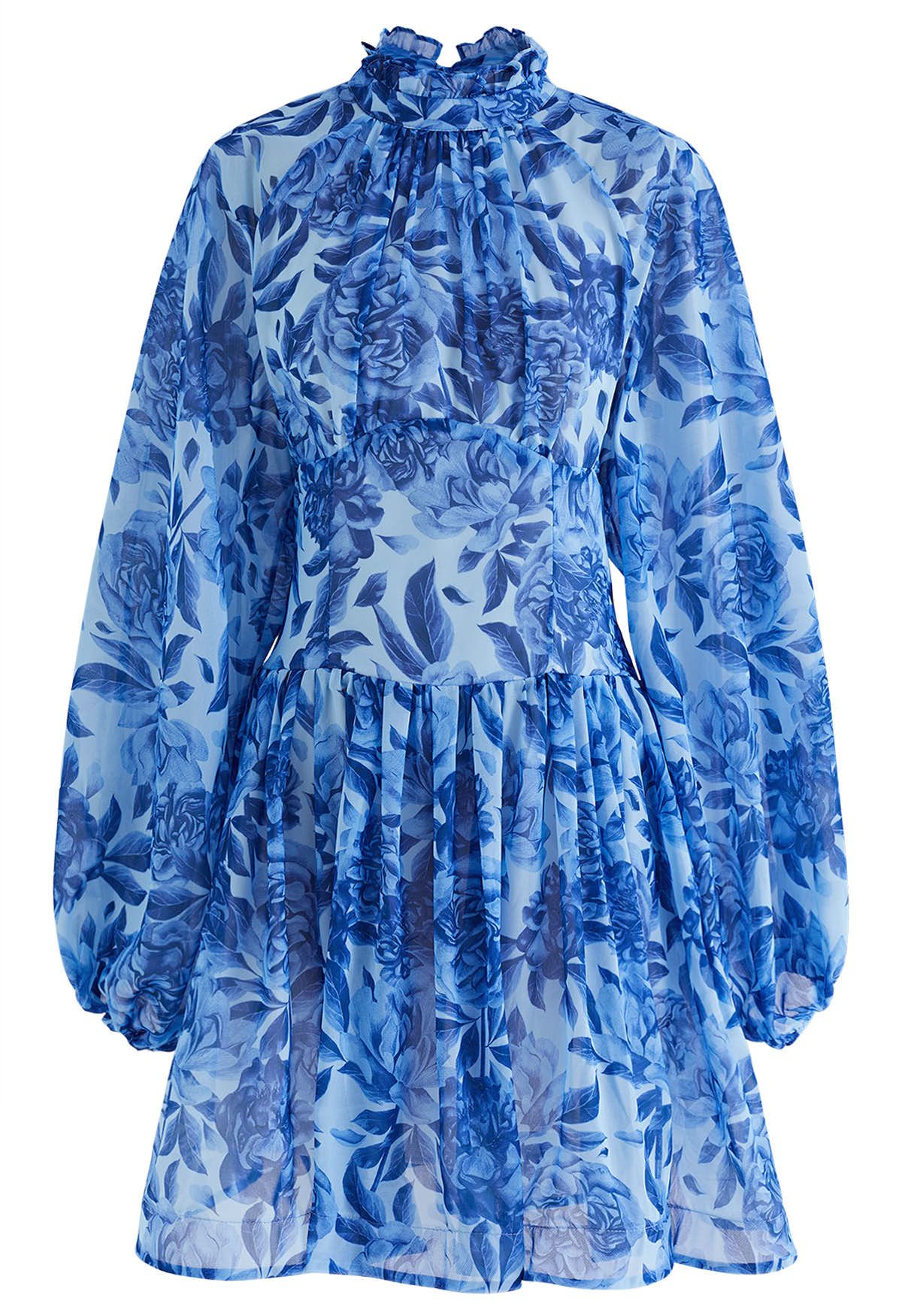 Cutout Back Floral Bubble Sleeve Frilling Dress in Blue