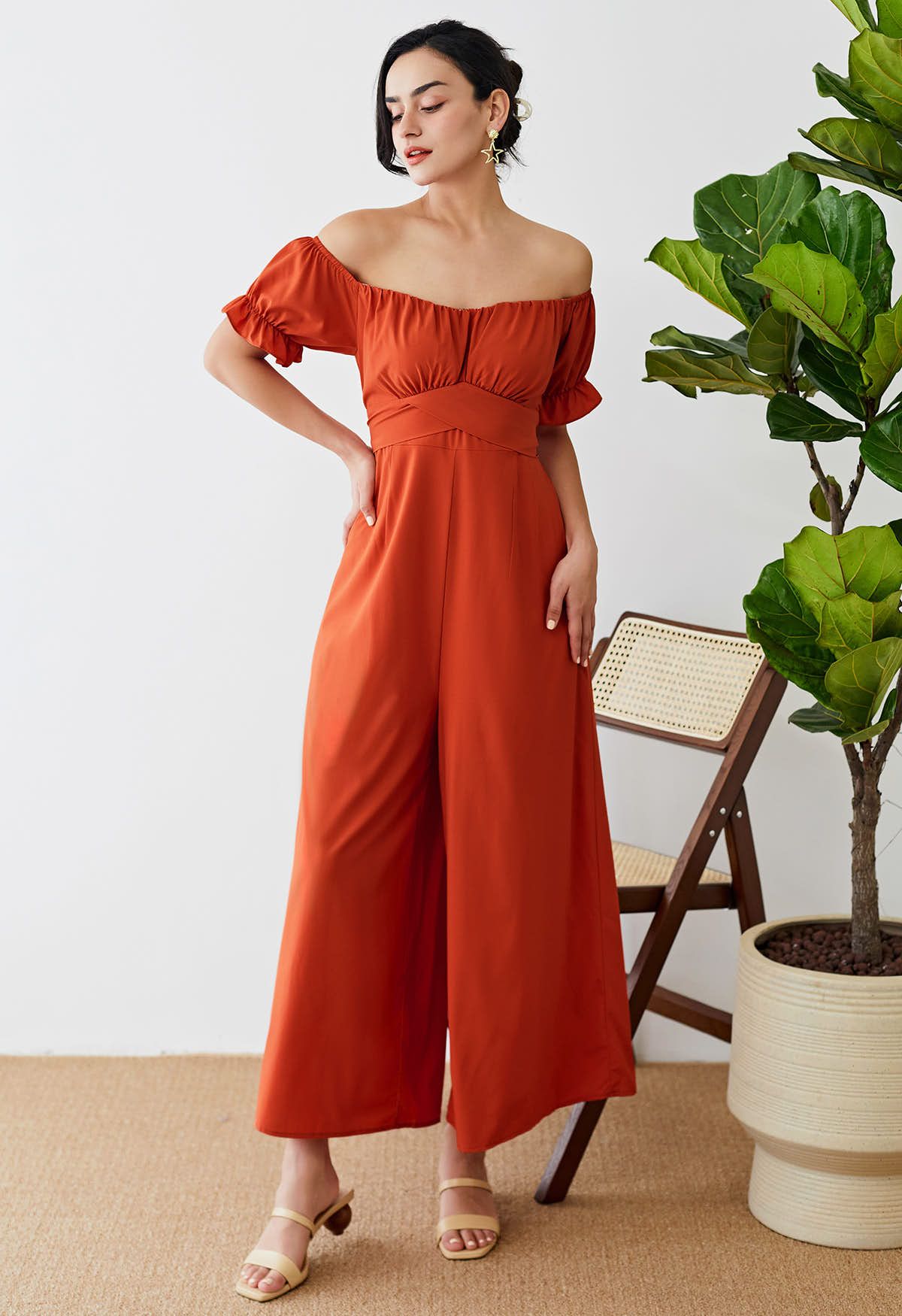 Breezy Off-Shoulder Tie Back Crop Jumpsuit in Orange