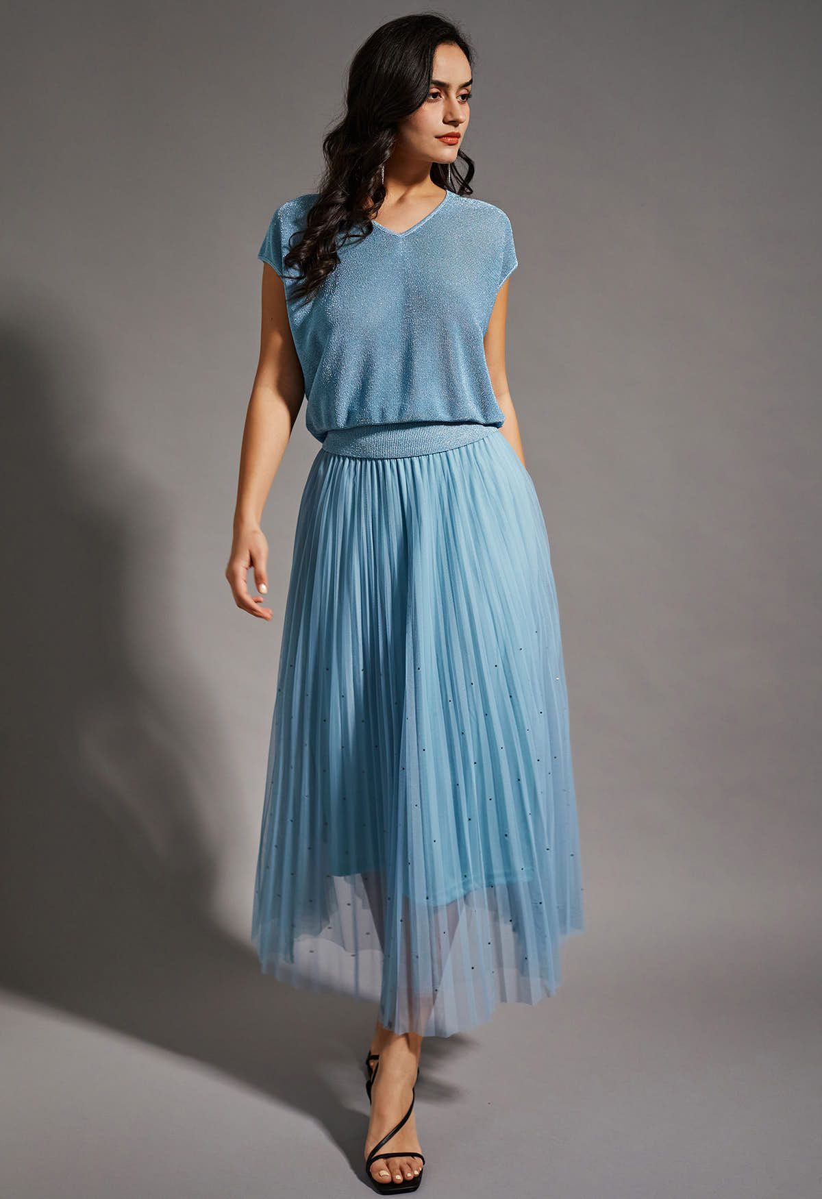 Glitter Embellished Pleated Mesh Tulle Skirt in Light Blue