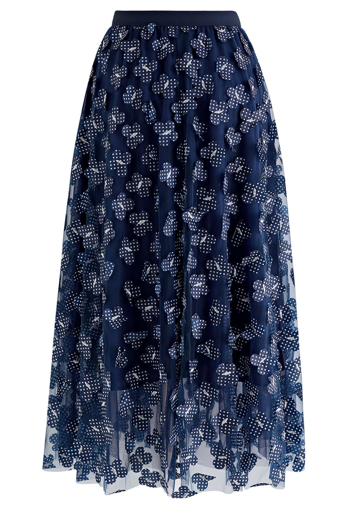 3D Dotted Butterfly Double-Layered Mesh Skirt in Navy