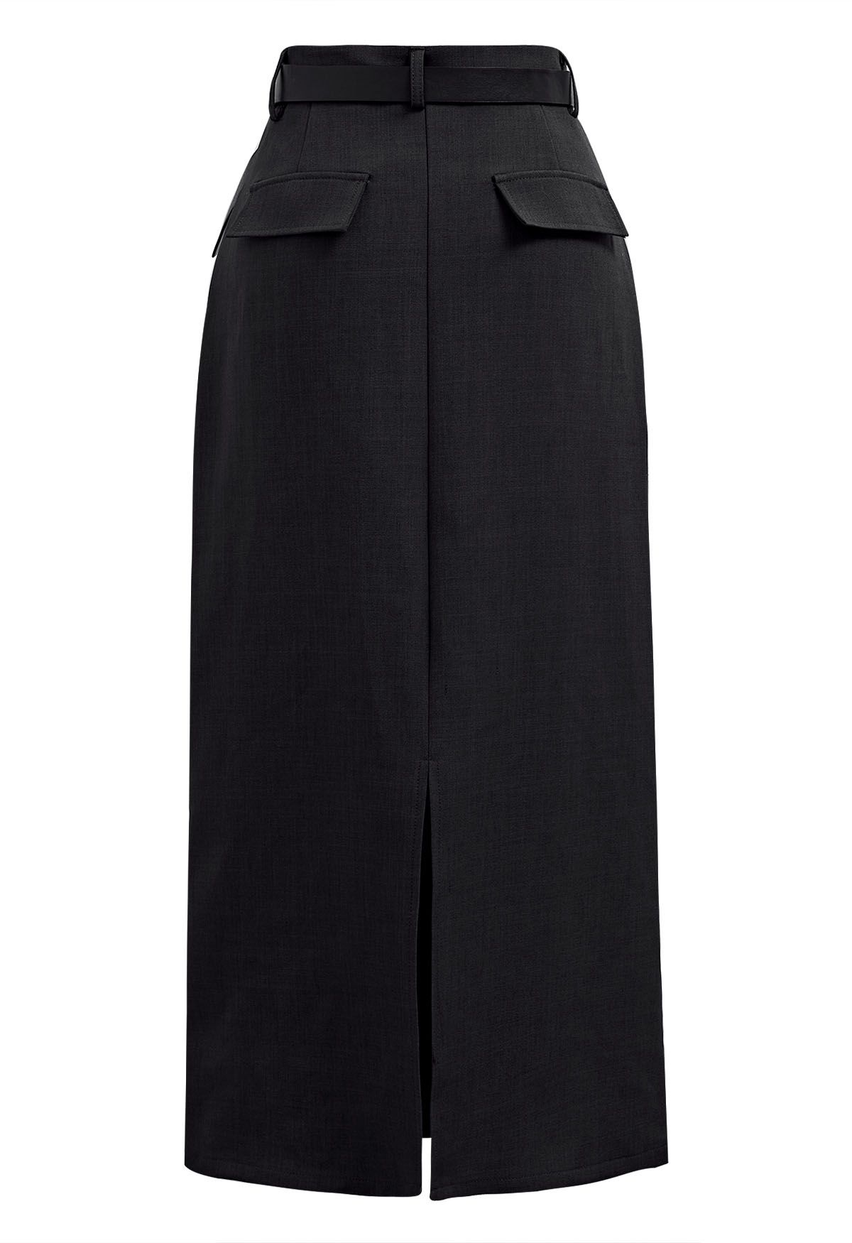 Slit Back Belted Maxi Skirt in Black