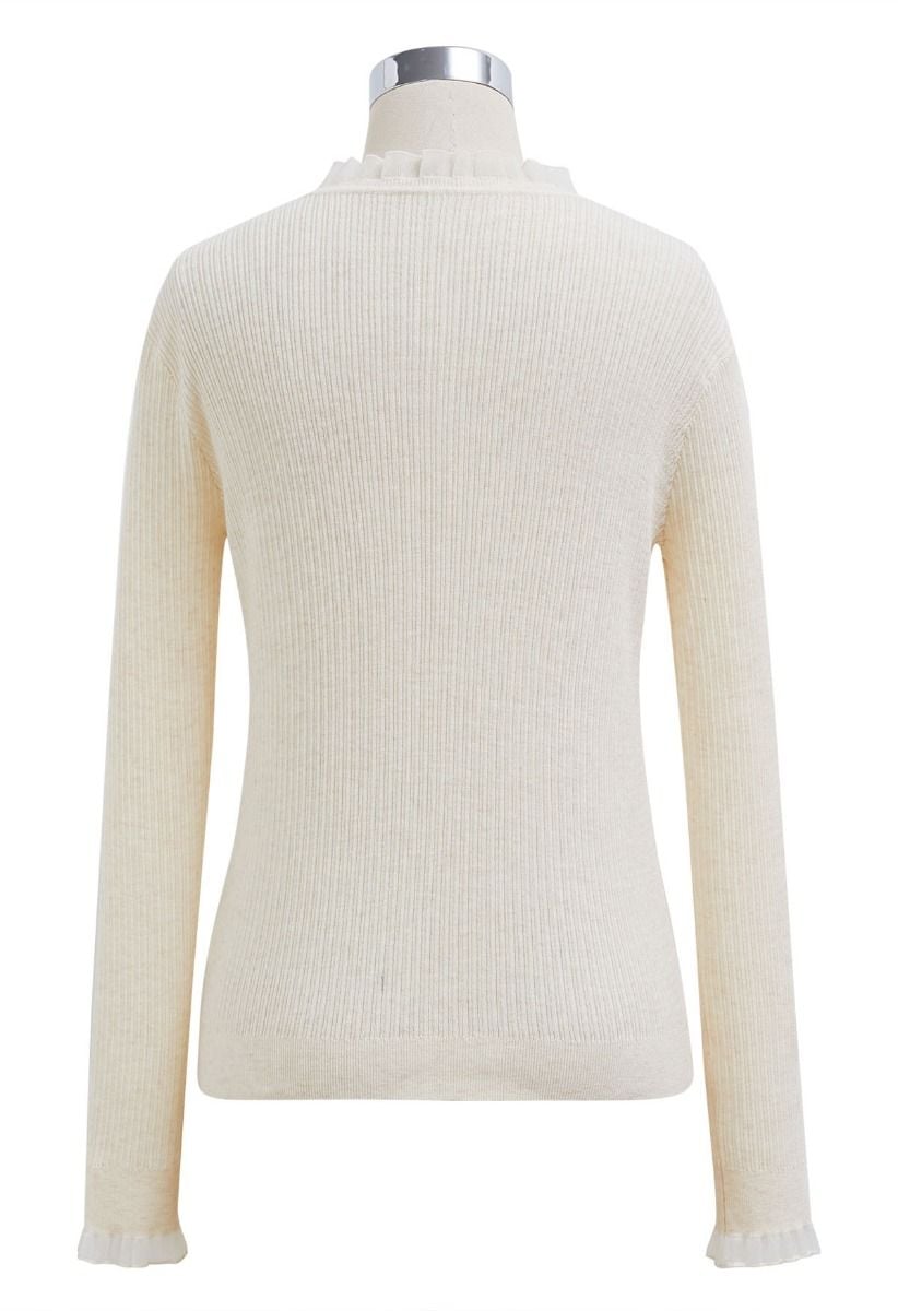 Ruffled Mock Neck Mesh Spliced Long Sleeve Knit Top in Ivory