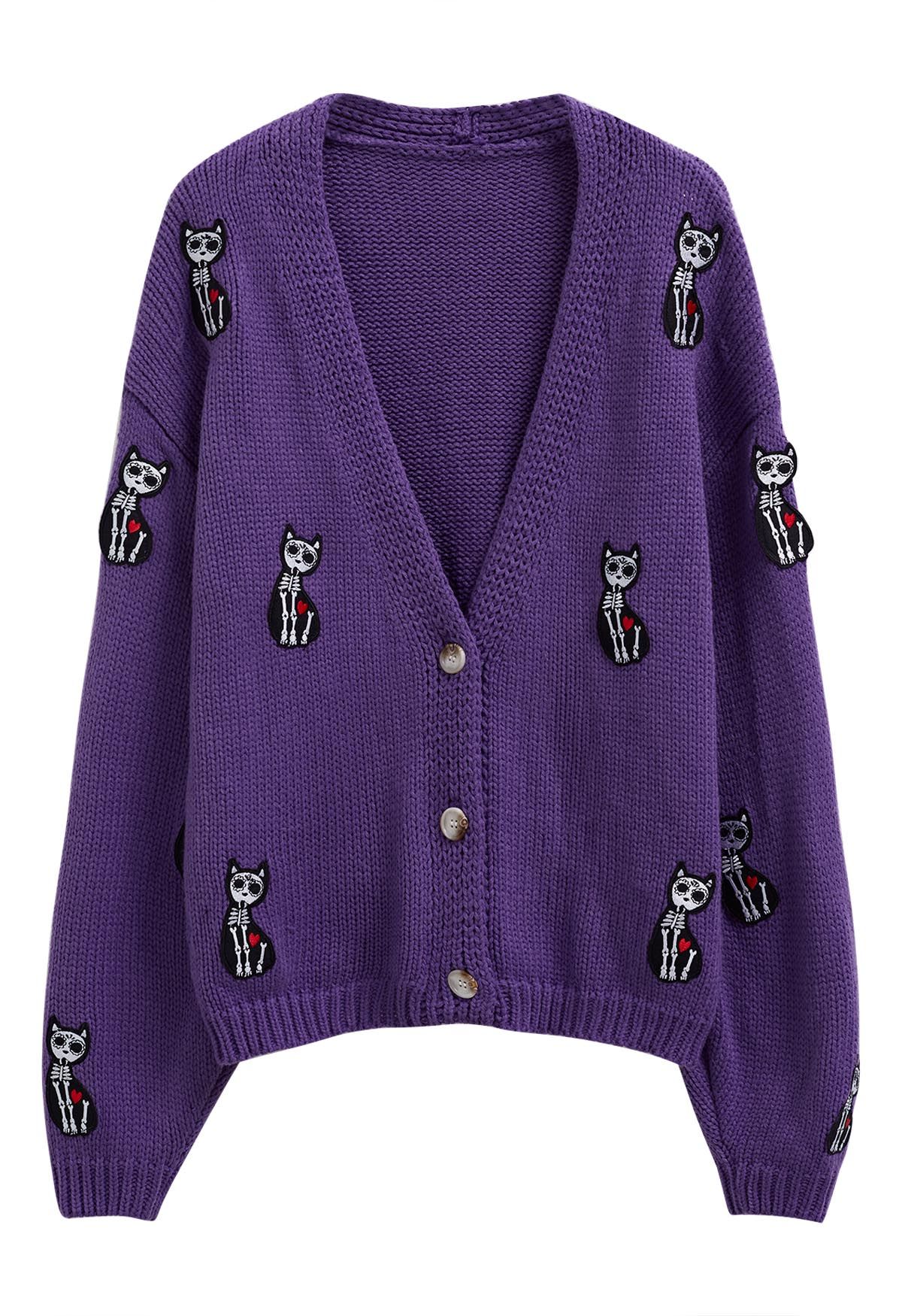 Skeleton Cat Buttoned Knit Cardigan