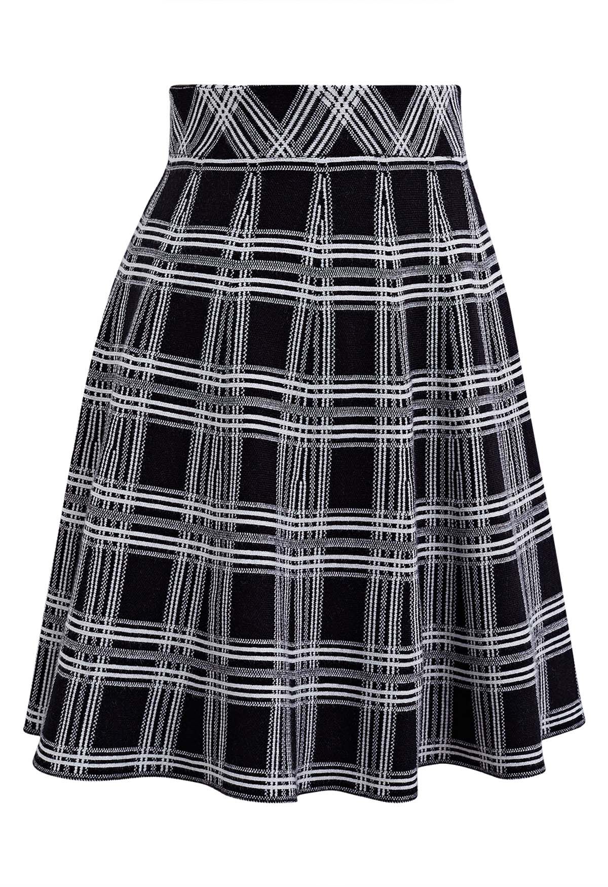 Plaid Knit High Waist Mini Skirt in Black