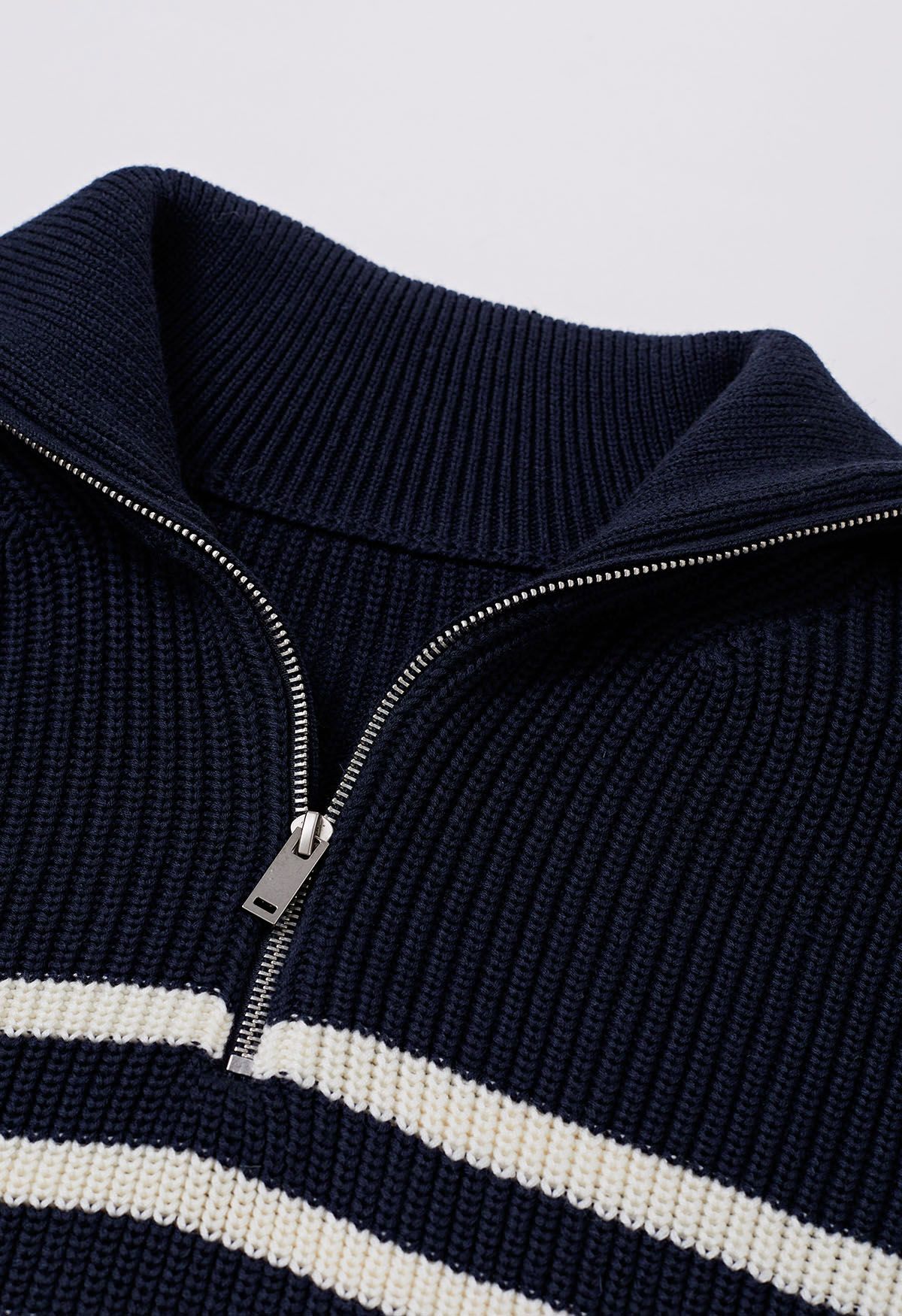 Flap Collar Zipper Neck Striped Knit Sweater in Navy